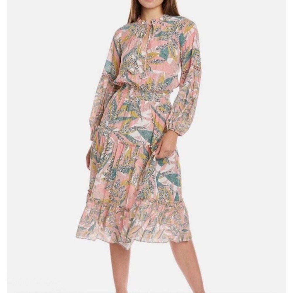 Shoshanna Aria Midi Tiered Dress Women's Multicolor Abstract‎ Print Size 0